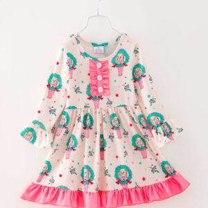Christmas Pink Wreaths Ruffle Girl Dress