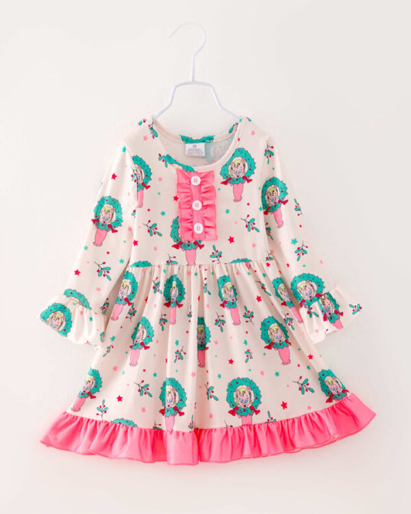 Christmas Pink Wreaths Ruffle Girl Dress