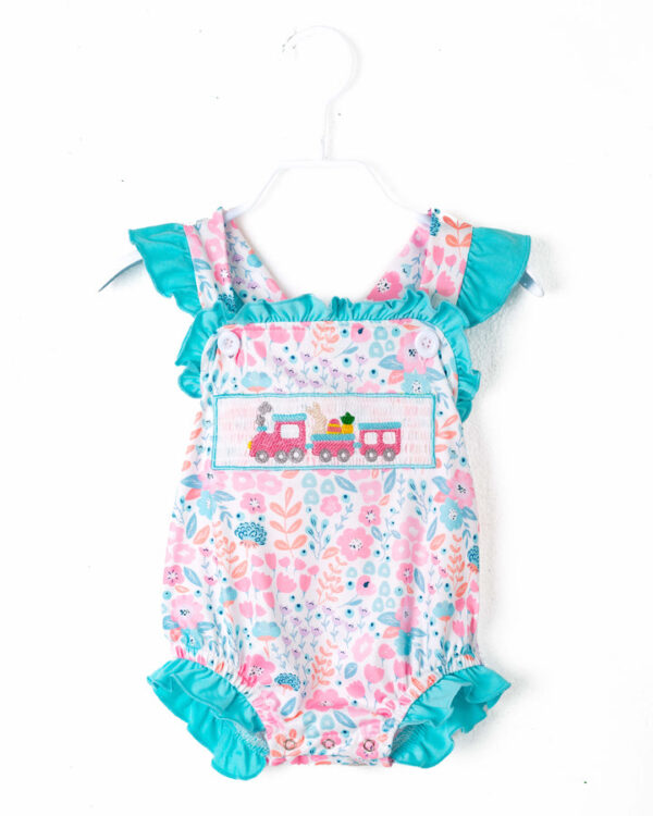 Floral Little Train Bunny Egg Carrot Ruffle Smocked Baby Girl Romper