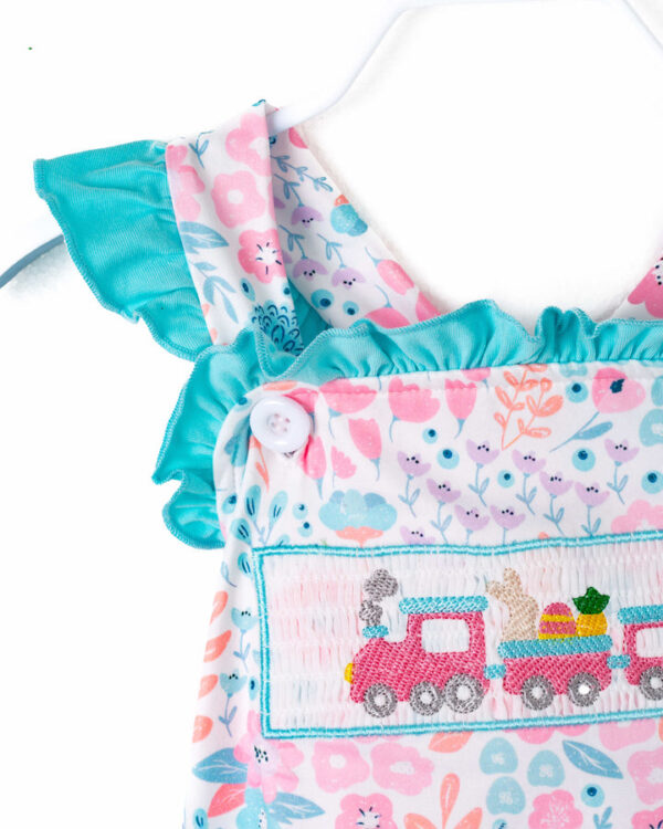 Floral Little Train Bunny Egg Carrot Ruffle Smocked Baby Girl Romper - Image 3