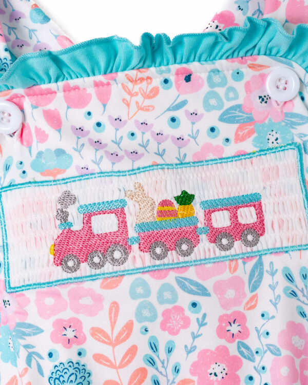 Floral Little Train Bunny Egg Carrot Ruffle Smocked Baby Girl Romper - Image 4