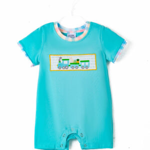 Blue Little Train Egg Carrot Bunny Baby Boy Romper