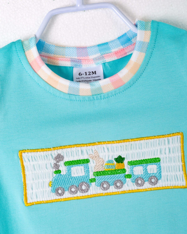 Blue Little Train Egg Carrot Bunny Baby Boy Romper - Image 3