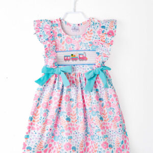 Floral Little Train Bunny Egg Carrot Ruffle Smocked Girl Dress