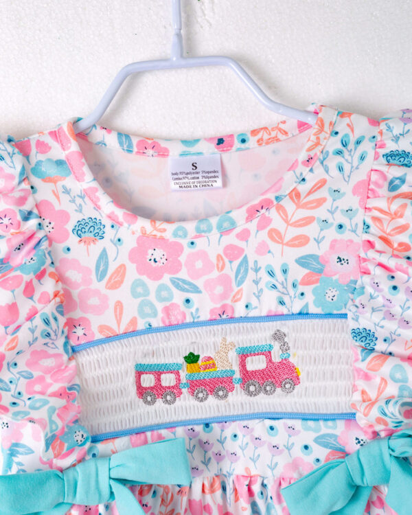 Floral Little Train Bunny Egg Carrot Ruffle Smocked Girl Dress - Image 3