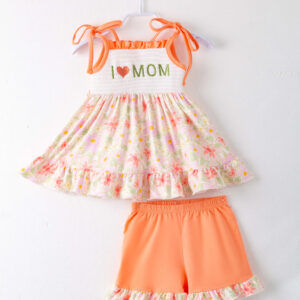 Orange Floral I ❤️ MOM Ruffle Smocked Girl Short Set