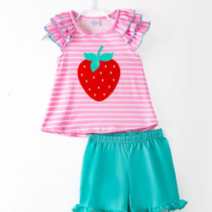 Pink Stripe Strawberry Ruffle Girl Short Set