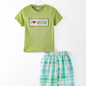 Blue Plaid I ❤️ MOM Boy Short Set