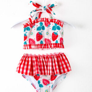 Red Plaid Strawberry Stripe Ruffle Girl Swimsuit