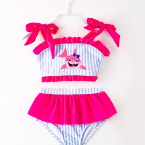 Pink Baby Shark Stripe Ruffle Girl Swimsuit
