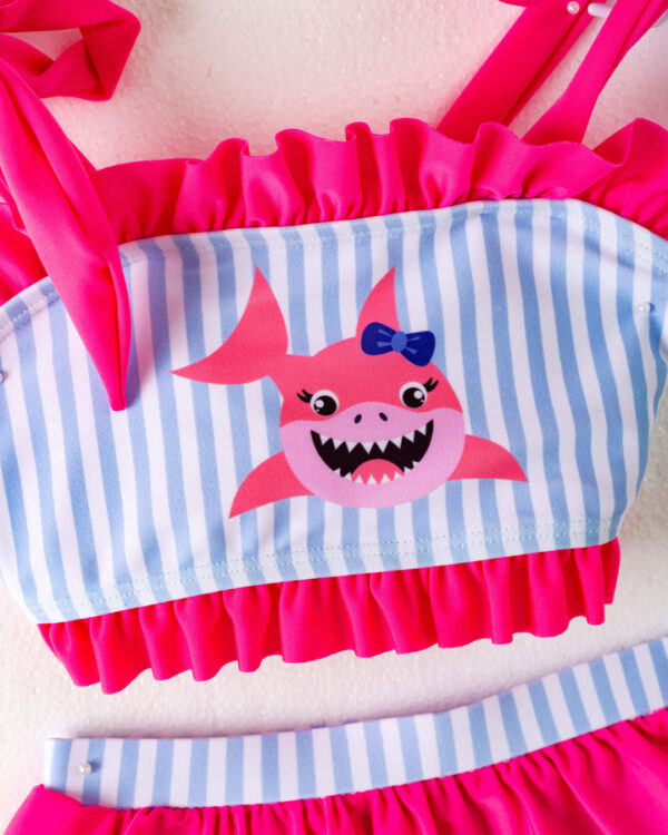 Pink Baby Shark Stripe Ruffle Girl Swimsuit - Image 3