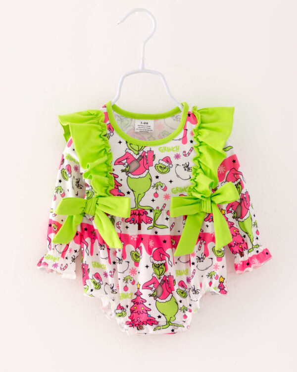 Christmas Pink Grinch Ruffle Baby Girl Romper