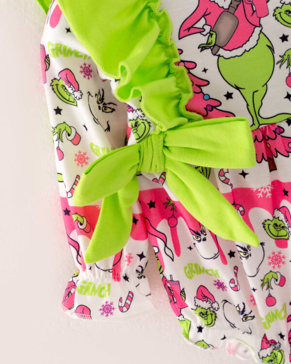 Christmas Pink Grinch Ruffle Baby Girl Romper - Image 3