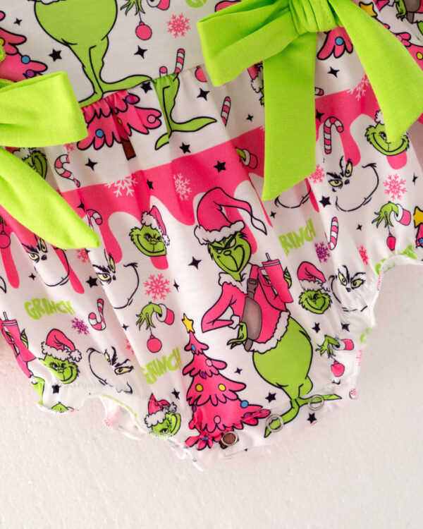 Christmas Pink Grinch Ruffle Baby Girl Romper - Image 4