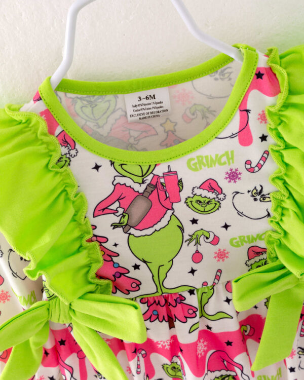 Christmas Pink Grinch Ruffle Baby Girl Romper - Image 5
