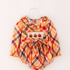 Halloween Plaid Pumpkin Ruffle Smocked Baby Girl Romper