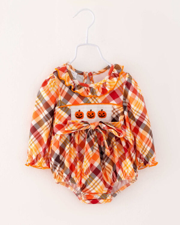 Halloween Plaid Pumpkin Ruffle Smocked Baby Girl Romper