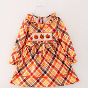 Halloween Orange Plaid Pumpkin Girl Smocked Dress
