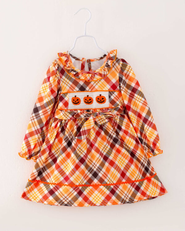 Halloween Orange Plaid Pumpkin Girl Smocked Dress