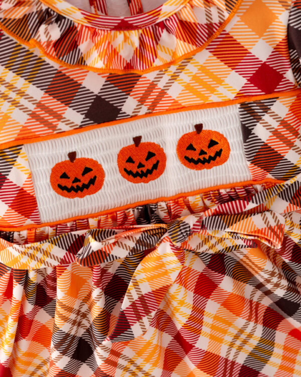 Halloween Orange Plaid Pumpkin Girl Smocked Dress - Image 4