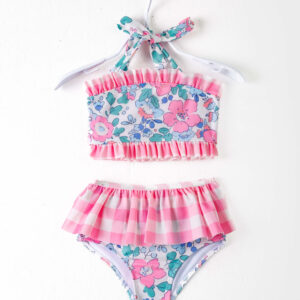 Pink Plaid Floral Ruffle Girl Swimsuit
