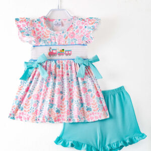 Floral Little Train Bunny Egg Carrot Ruffle Smocked Girl Short Set