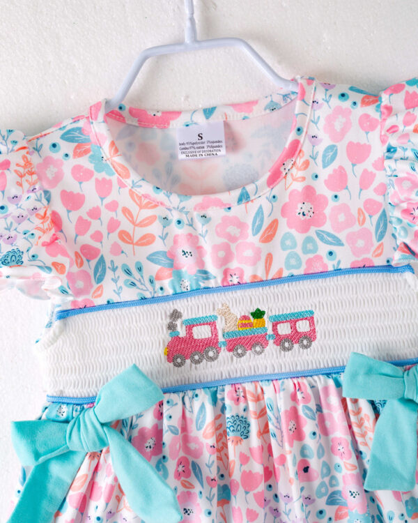 Floral Little Train Bunny Egg Carrot Ruffle Smocked Girl Short Set - Image 3