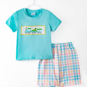 Blue Little Train Egg Carrot Bunny Boy Short Set