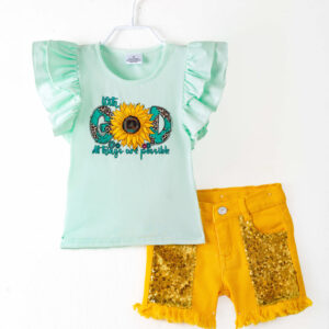 Yellow Sunflower Sequins Girl Denim Short Set