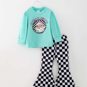 Christmas Plaid Santa HOLLY JOLLY Girl Bell Pant Set