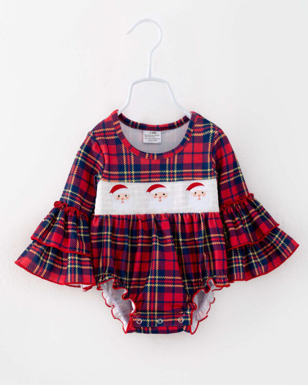 Christmas Red Plaid Santa Ruffle Smocked Baby Girl Romper
