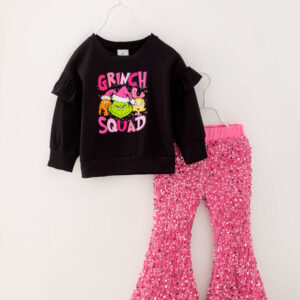 Christmas Grinch Sequins Girl Bell Pant Set
