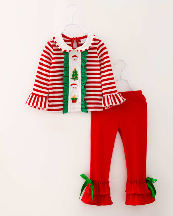 Christmas Red Stripe Santa Ruffle Girl Pant Set