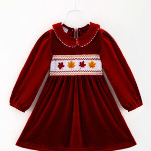 Red Velvet Leaves Girl Smocked Dress