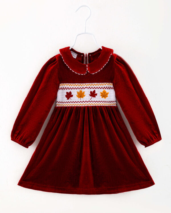 Red Velvet Leaves Girl Smocked Dress