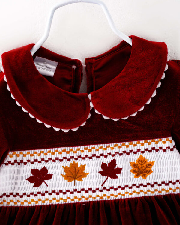 Red Velvet Leaves Girl Smocked Dress - Image 3