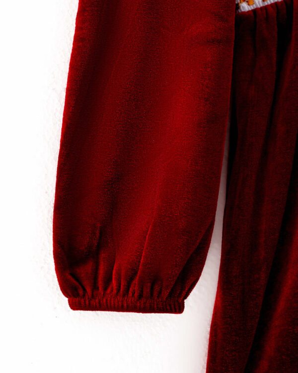 Red Velvet Leaves Girl Smocked Dress - Image 5