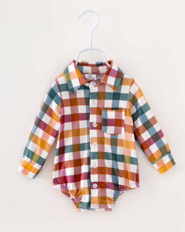 Brown Plaid Print Baby Boy Romper