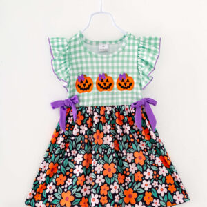 Halloween Pumpkin Plaid Floral Ruffle Girl Twirl Dress