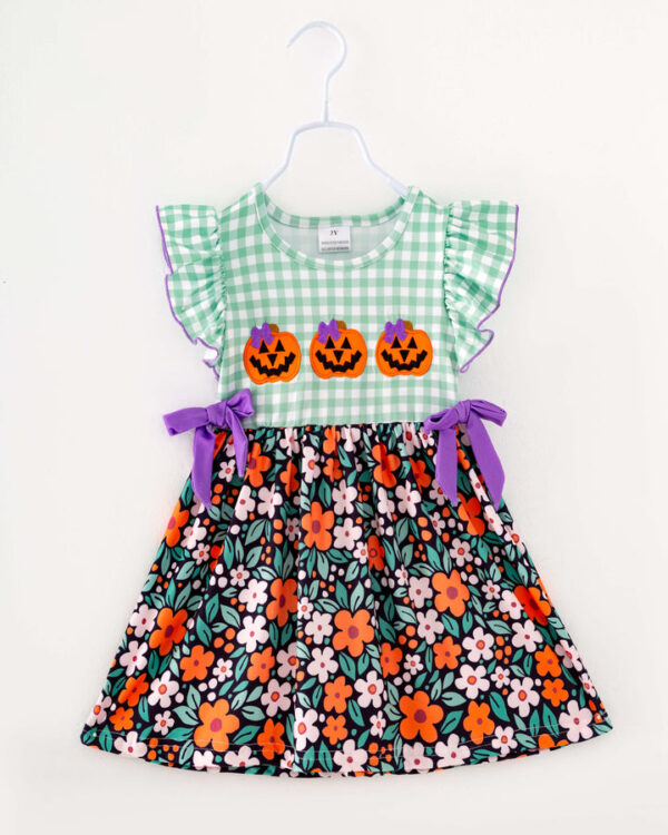 Halloween Pumpkin Plaid Floral Ruffle Girl Twirl Dress