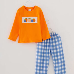 Blue Plaid Orange Pumpkin Boy Set