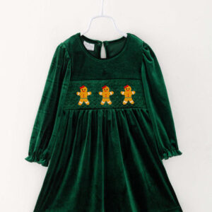 Christmas Green Velvet Gingerbread Man Girl Smocked Dress