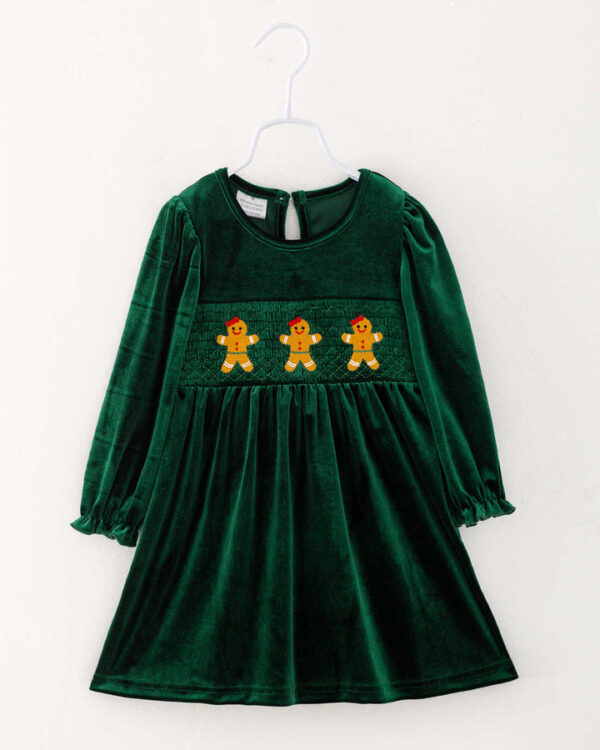 Christmas Green Velvet Gingerbread Man Girl Smocked Dress