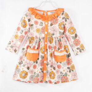 Orange Floral Print Pocket Ruffle Girl Dress