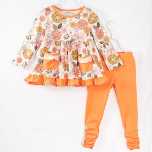 Orange Floral Print Pocket Ruffle Girl Pant Set