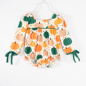 Orange Pumpkin Print Baby Girl Bubble Romper