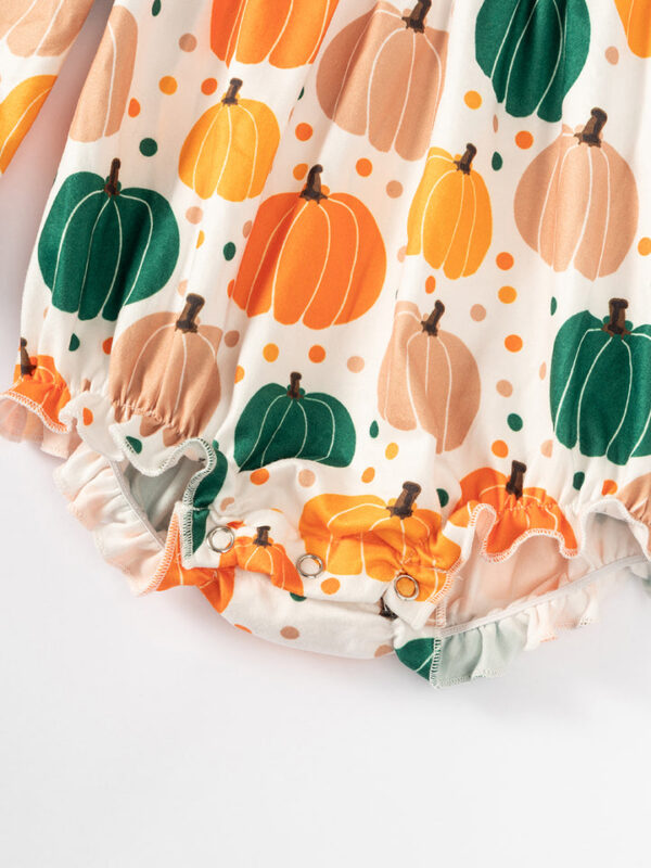 Orange Pumpkin Print Baby Girl Bubble Romper - Image 4
