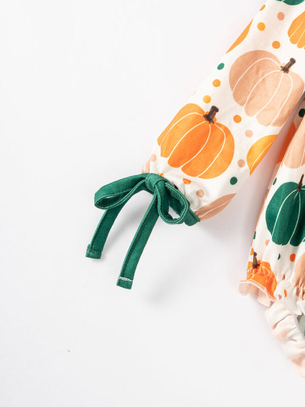 Orange Pumpkin Print Baby Girl Bubble Romper - Image 5