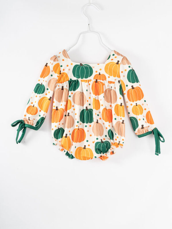 Orange Pumpkin Print Baby Girl Bubble Romper - Image 6