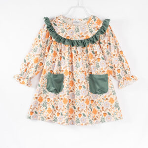 Green Pocket Floral Print Ruffle Girl Dress